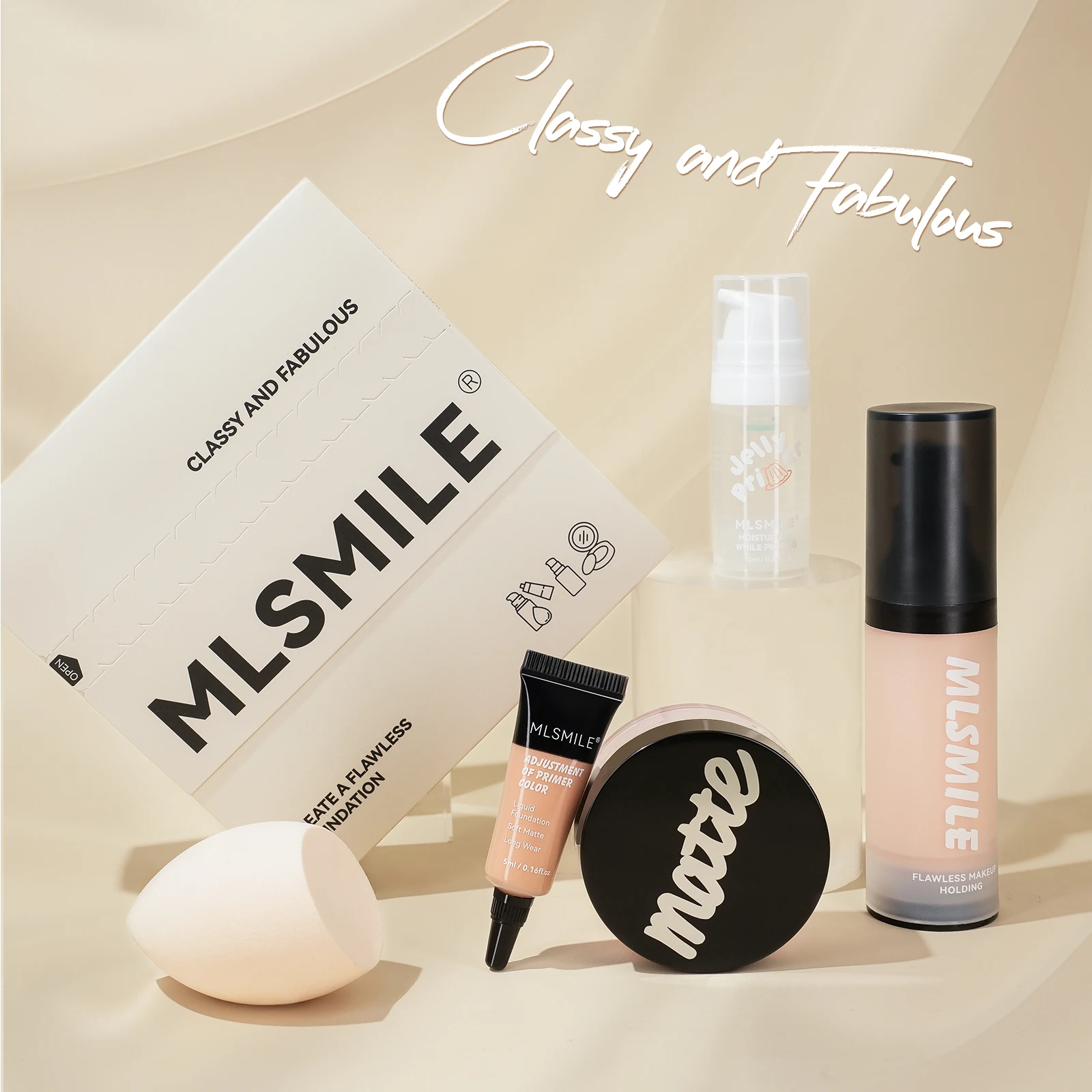 MLSMILE 5 Face Set Matte Loose Powder Foundation Primer มาพร้อมตัวอย่างรองพื้นเมคอัพไข่