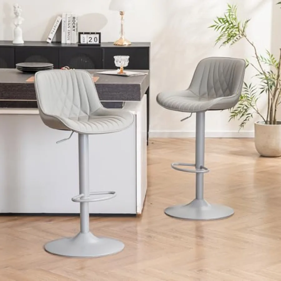 

Набор из 2 регулируемых поворотных барных стульев с высотой под столешницу, с подлокотниками, полностью серые, обивка из искусственной кожи, металлический каркас