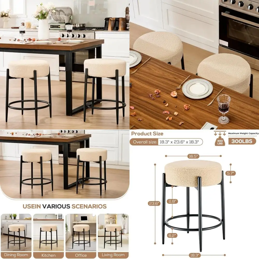 

Pair of Mid Century Modern Backless Dining Chairs, Soft Beige Boucle Upholstered for Kitchen or Living Room