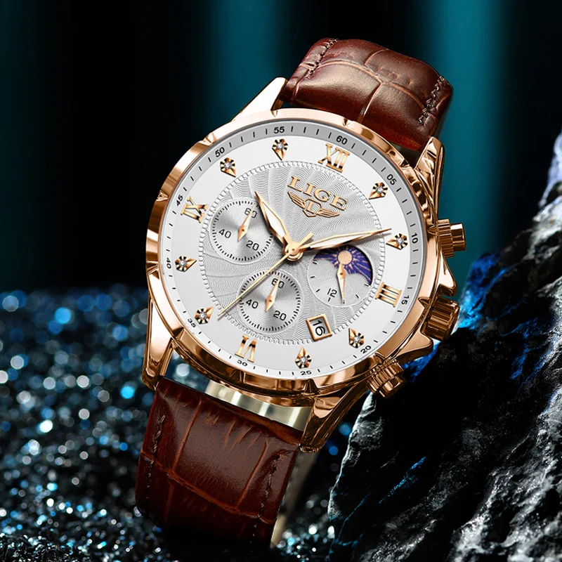 LIGE Mens Watches Casual Business Watch Men Luxury Waterproof Date Luminous Chronograph Wristwatch Quartz Watch Leather Clock image 3