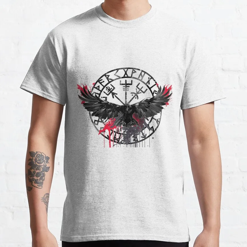 Vegvisir Viking Rune with Ravens Hugin and Munin- Protection Rune, Valhalla Ancient viking runas nordic symbols printed t shirt