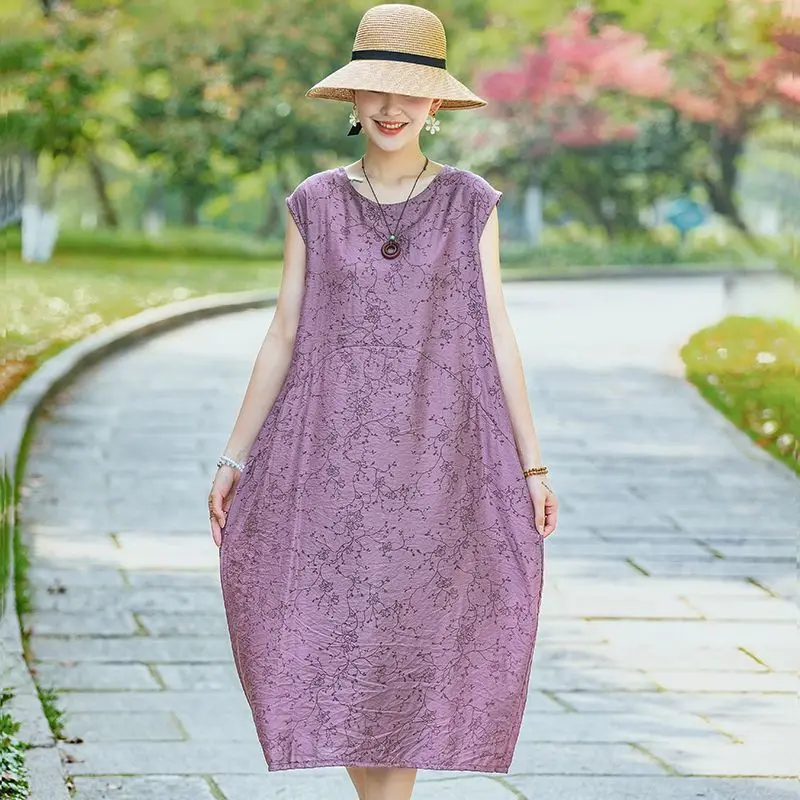 

Elegant O-Neck Spliced Loose Printed Sleeveless Dress Women's Clothing Summer New Oversized Office Lady Vintage Dress