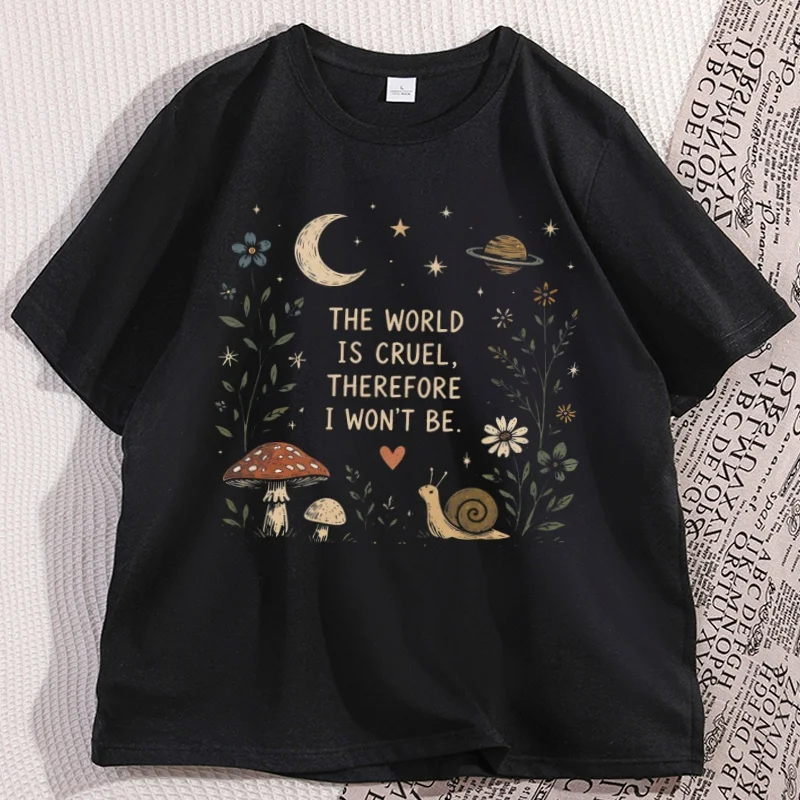 The World Is Cruel Therefore I Won't Be Cottagecore Mushroom T Shirt Vintage Graphic Tees Cotton Short Sleeve Loose T-shirt