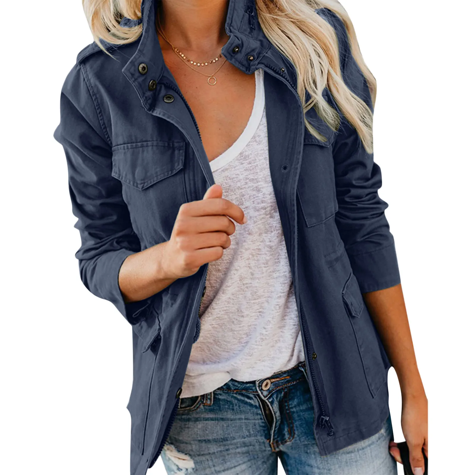 Multi Pocket Women\'s Jacket Plus Size Spring Fall Cargo Coat Breathable Casual Long Sleeve Solid Jacket Workwear Coat Female