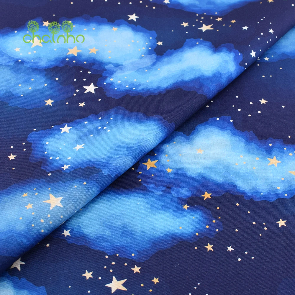 Chainho,Blue Colour Printed Plain-Weave Cotton Fabric,Patchwork Clothes For Handmade DIY Quilting Sewing Craft,Bag,Toy Material