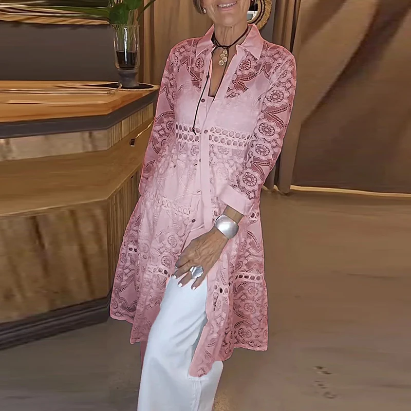 Seksowne koronkowe haftowane bluzki z kwiatami na szydełku Kobieta Eleganckie bluzki z długimi guzikami na klapę Wiosna Pełny rękaw Wydrążone koszule damskie
