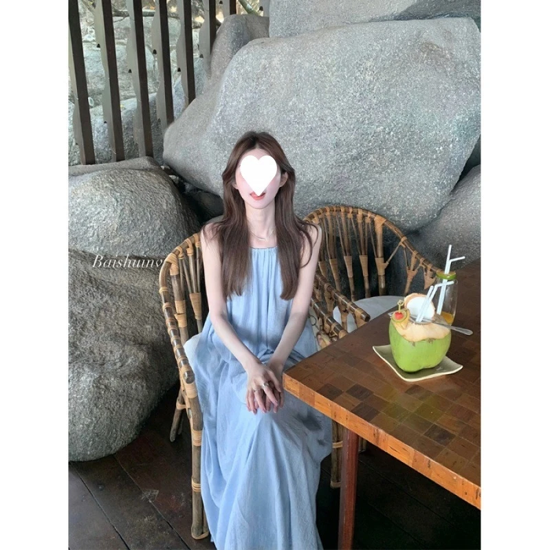 Dresses Spring Summer Basics Daily Folds Plain Sleeveless Scoop Neck Maxi Cami Vacation Dresses For Women