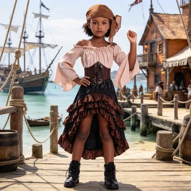 Kids Girls Vintage Pirate Dress Irregular Ruffle Skirt Halloween Cosplay Stage Performance Costume