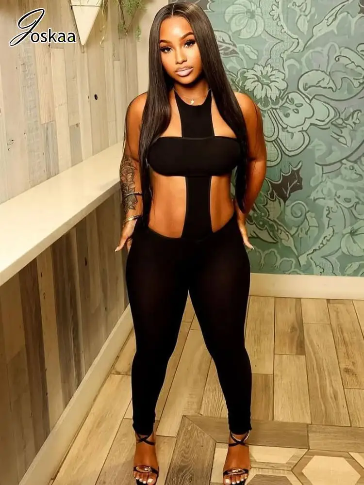 

Joskaa 2022, осенние женские черные комбинезоны с вырезом, сексуальные узкие цельные комбинезоны с лямкой на шнуровке и открытой спиной, кокетка, полуночная клубная одежда
