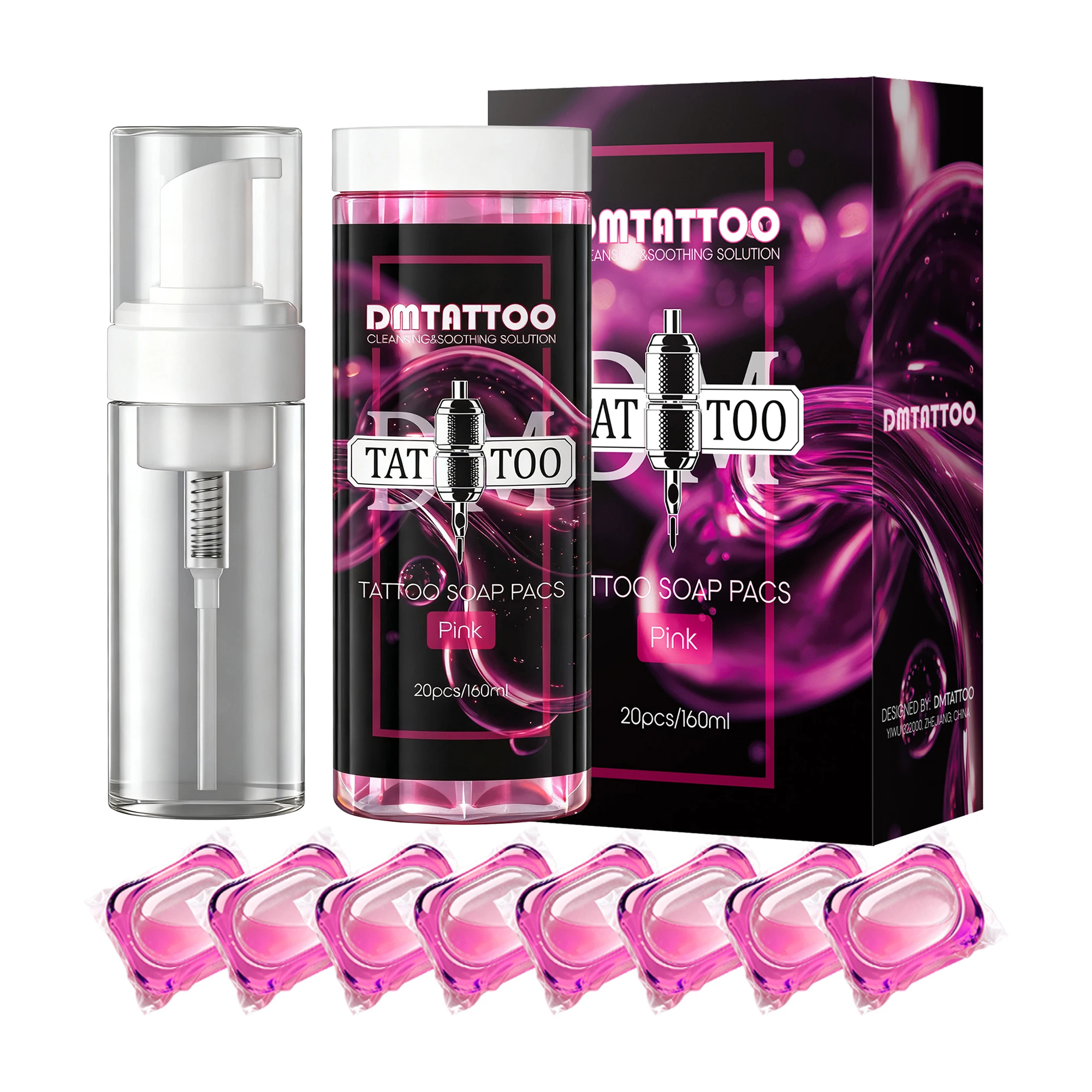 20PCS DM Tattoo Pink Soap Pacs Set Bring a 120ml Foam Bottle Professional Mild Tattoo Pre Post Care Cleaning Solution Supplies