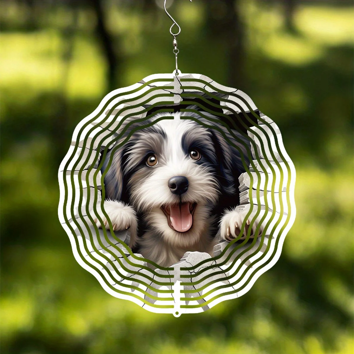 This Outdoor Metal Wind Chime Features a Design of a Dog with Its Tongue Out, Making It an Ideal Decoration for Gardens