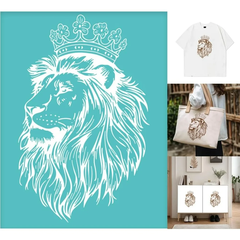 2 Pcs King Lion Silkscreen Stencil Lion Crown Painting Stencils Templates Reusable Self-Adhesive Silk Screen Printing for Wall