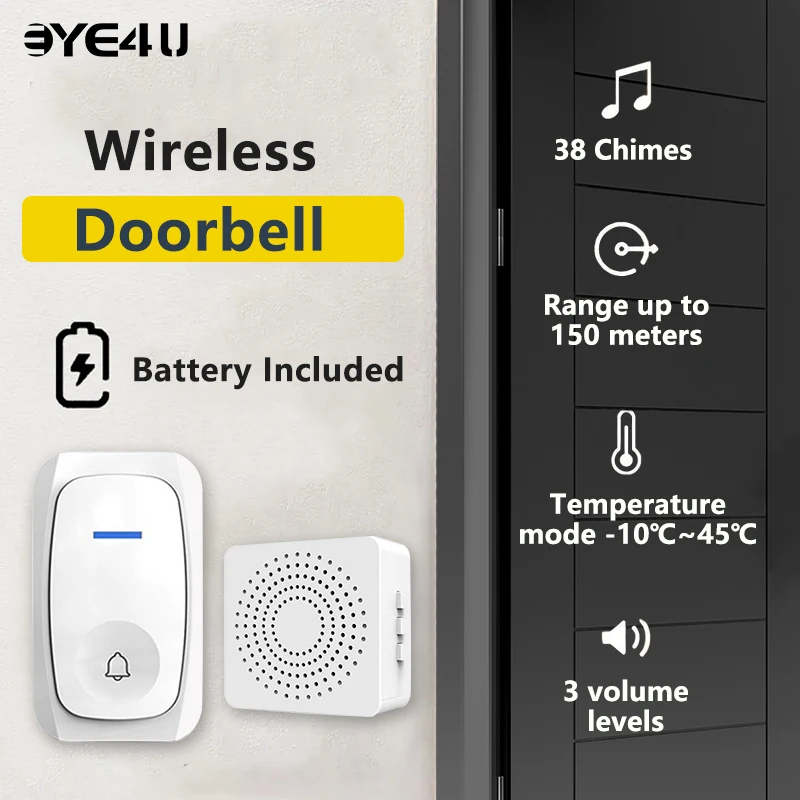 Wireless Doorbell Waterproof Smart Home DoorBell For Store Home Security Protection 38 Ringtone 3 Volume Level Easy Installation