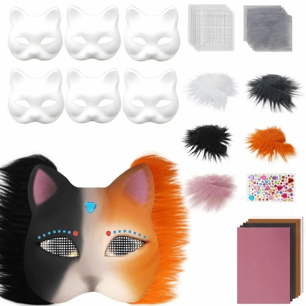 DIY Kit Blank Cat Mask Making Kit Paper Mache Faux Fur Animal Half Face Mask Painted Fabric Straps Costume Accessory Set Makeup