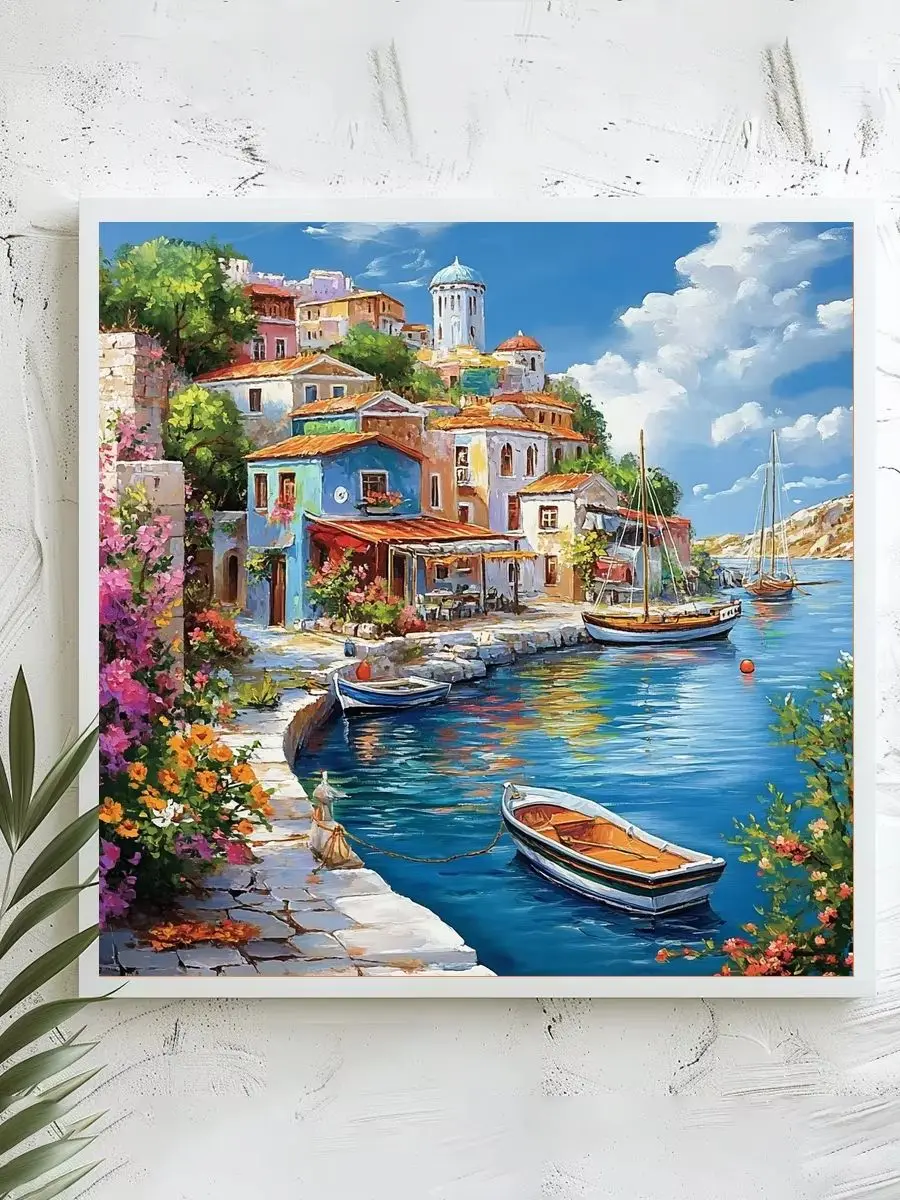 1 Stück 40x40 cm/15,74 Zoll, 11Ct/14Ct Kreuzstich-Set, DIY Valentinstagsgeschenk, Stickerei-Set für Festivals, Mittelmeer-Hafennstadt – Detail 1