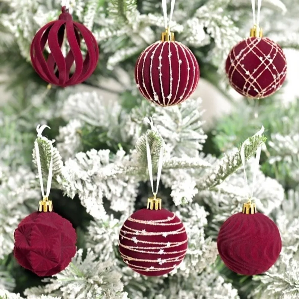

12pcs 6cm Christmas Hanging Ball Flocking Glitter Xmas Tree Ornaments Wine Red Hand-Painted Velvet Spheres Pendant