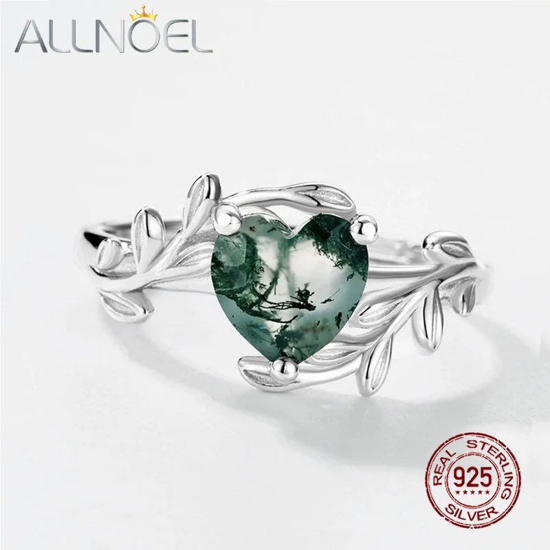 

ALLNOEL 7mm Lovely Heart Cut Moss Agate Engagement Rings 925 Sterling Silver Olive Branch Promise Ring for Women Birthday Gifts