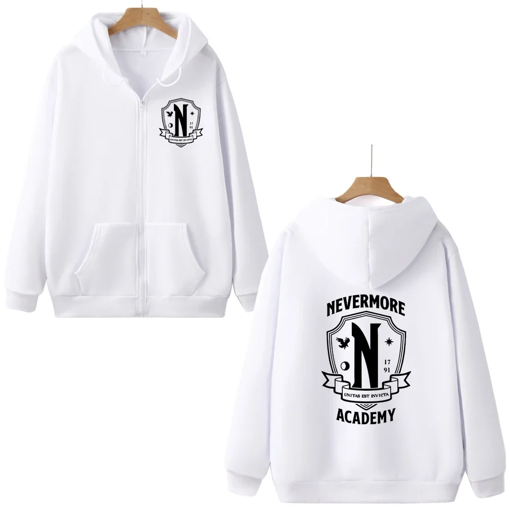 Nevermore Academy Sudadera con capucha y cremallera, sudaderas con patrón de texto Retro a la moda, ropa para hombre y mujer, ropa de calle de Drama de Tv