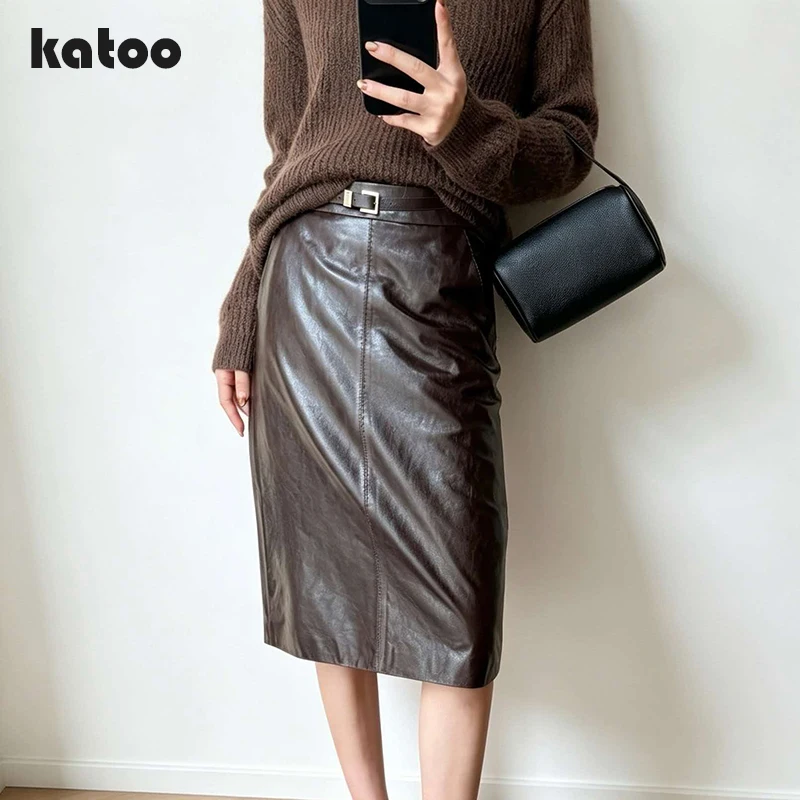 High Waist Belted Genuine Waxed Leather Midi Skirt Autumn Winter Women Sheepskin Straight Pencil Skirt With Pockets Faldas Mujer