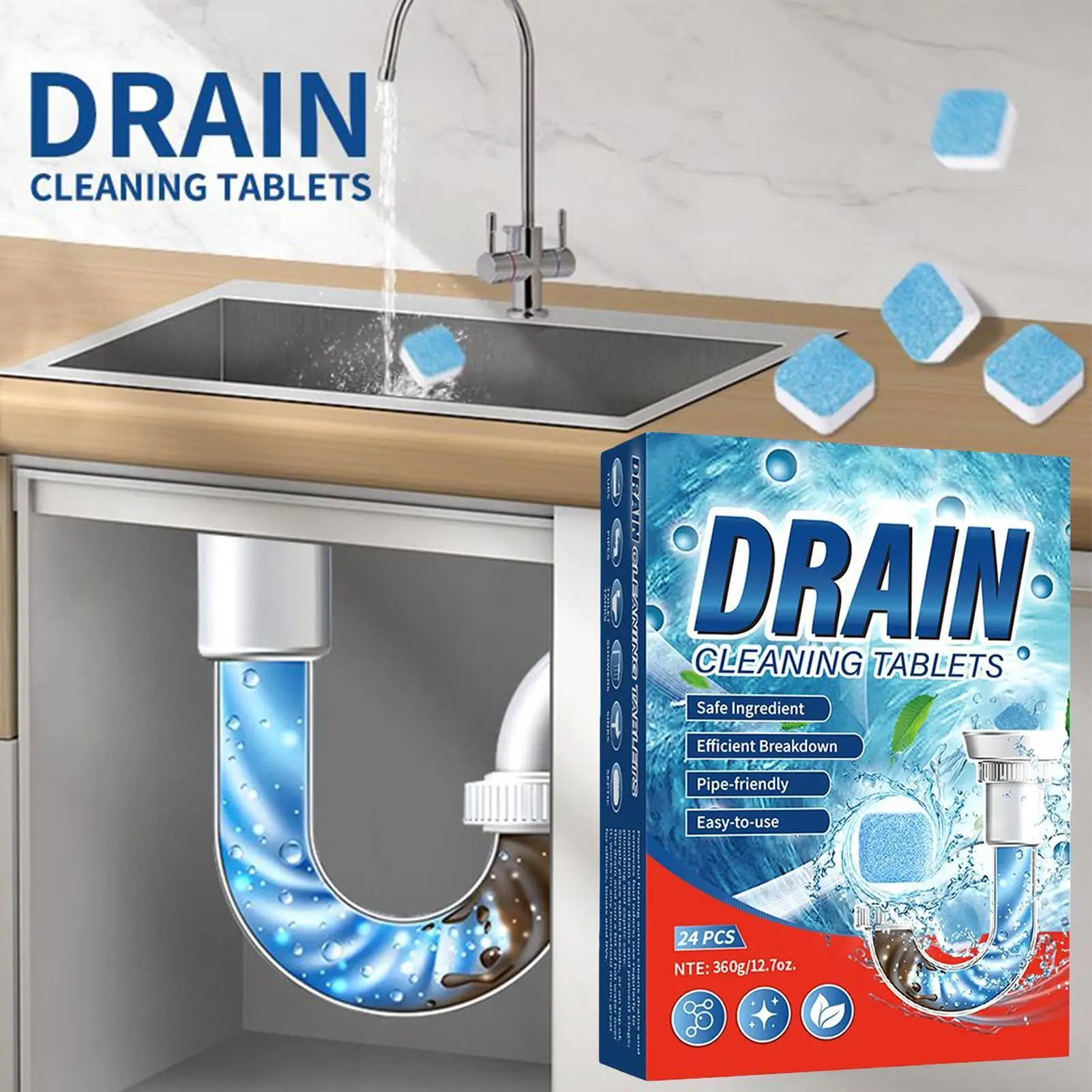 Drain Clog Remover Powerful Cleaning Declogger Sink and Drain Cleaner Pipe Tablets for Bathtub Toilet Bathroom Laundry Basement