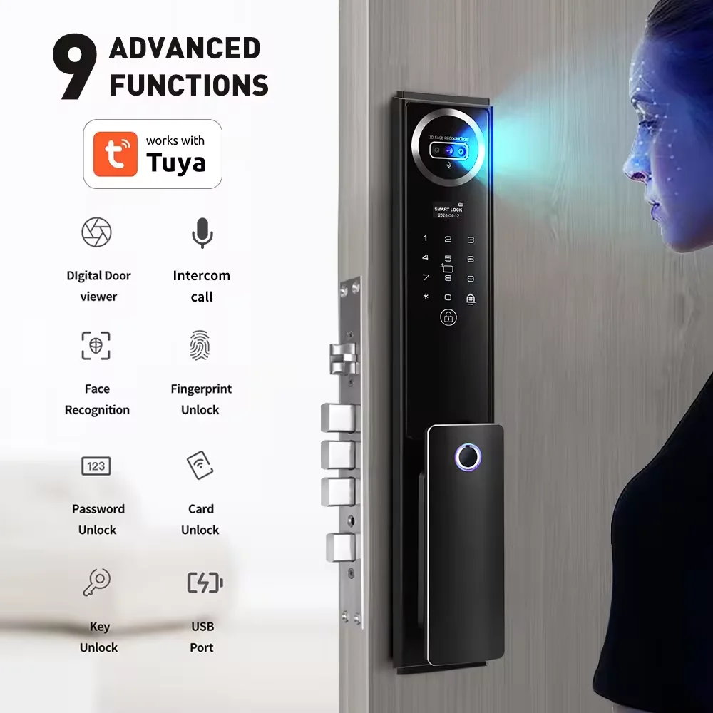 NEW Safety 3D Face Recognition Wifi App Smart Door Lock Two Side Fingerprint Door Lock For Front Door