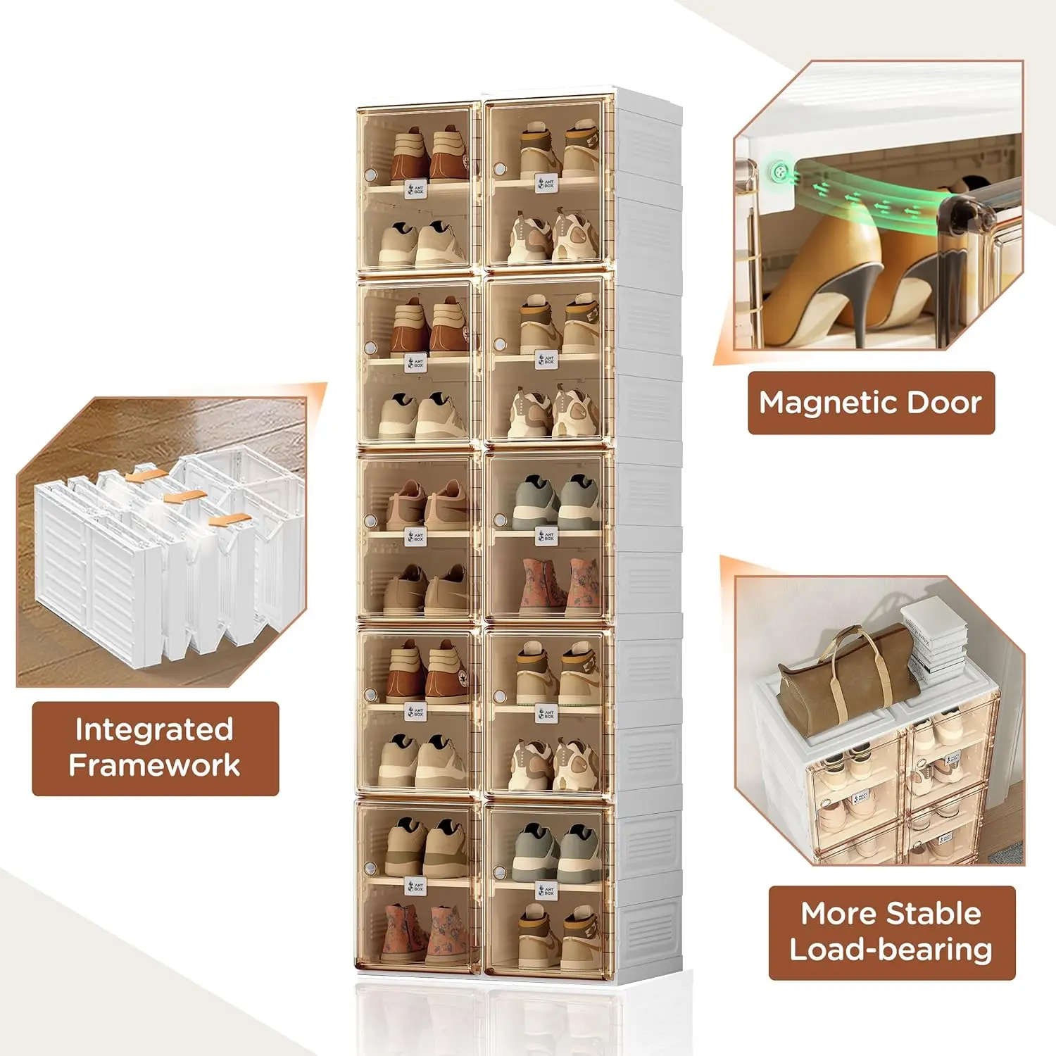 رف أحذية محمول قابل للطي للخزانة مع باب مغناطيسي شفاف، صناديق خزانة رياضية كبيرة، قوية وسهلة التجميع