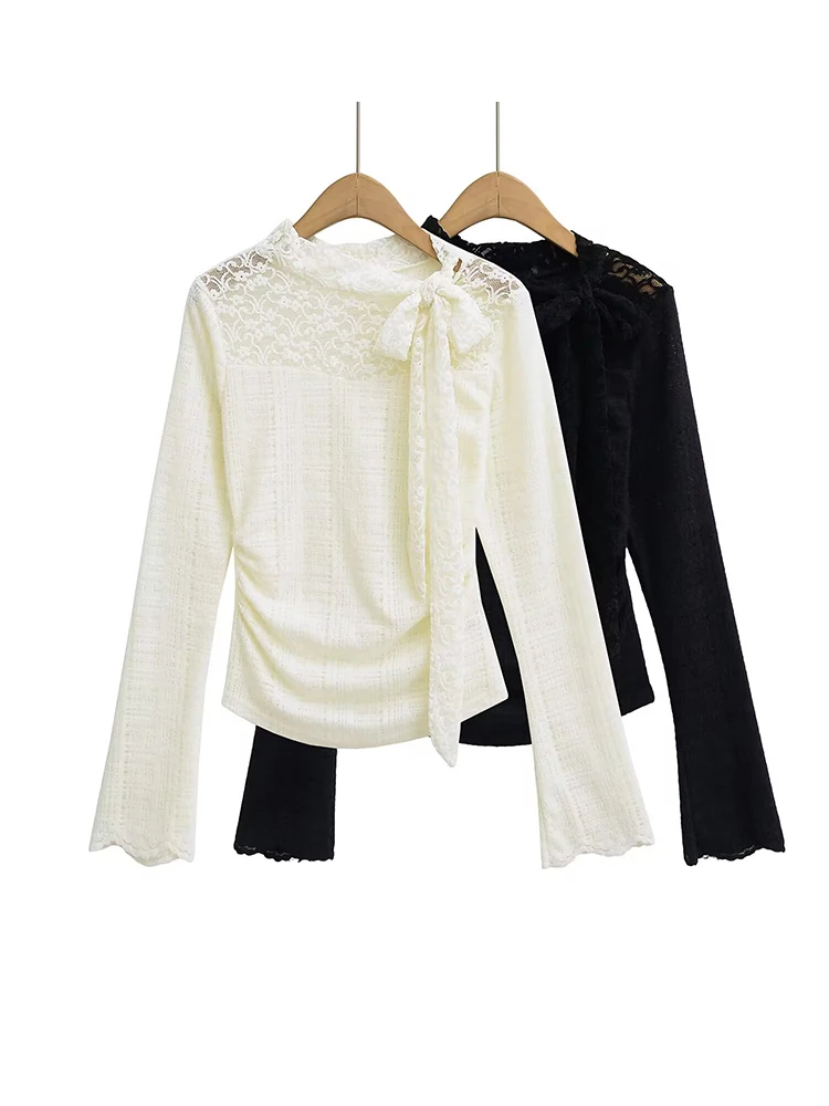 

Женские кружевные блузки с бантом, бежевые, черные, элегантные тонкие топы, рубашки с длинными рукавами