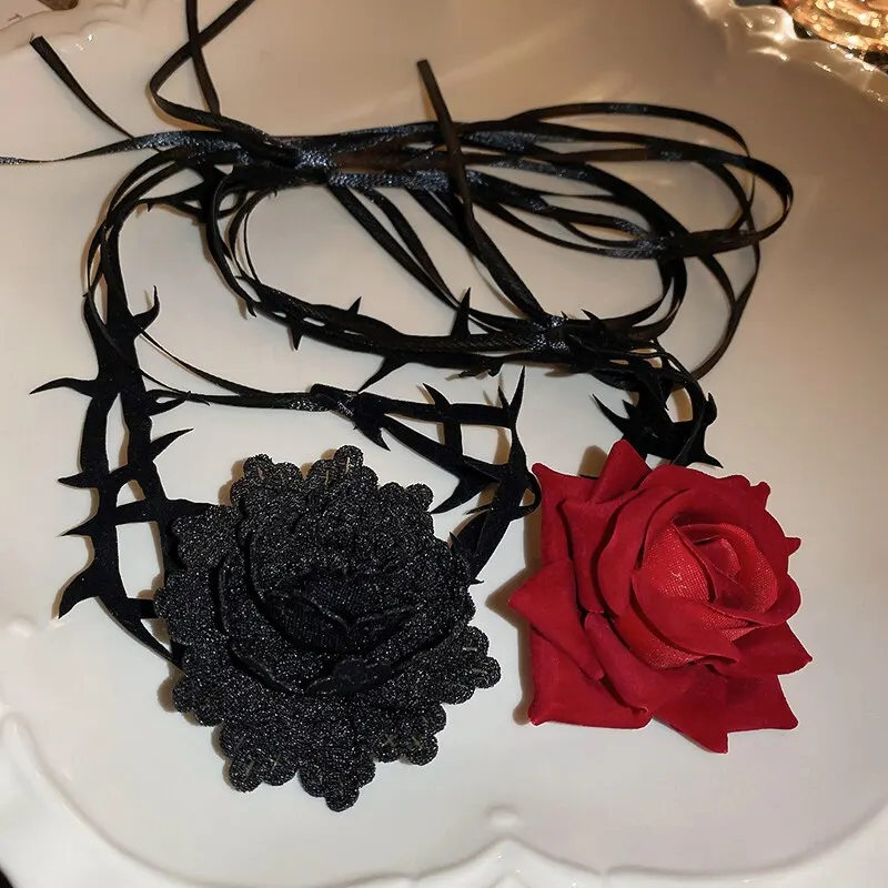 2 Pcs Red Black Big Rose Flower Choker Necklace For Women Gothic Velvet Collar Necklace Adjustable Long Chain Punk Dark Jewelry