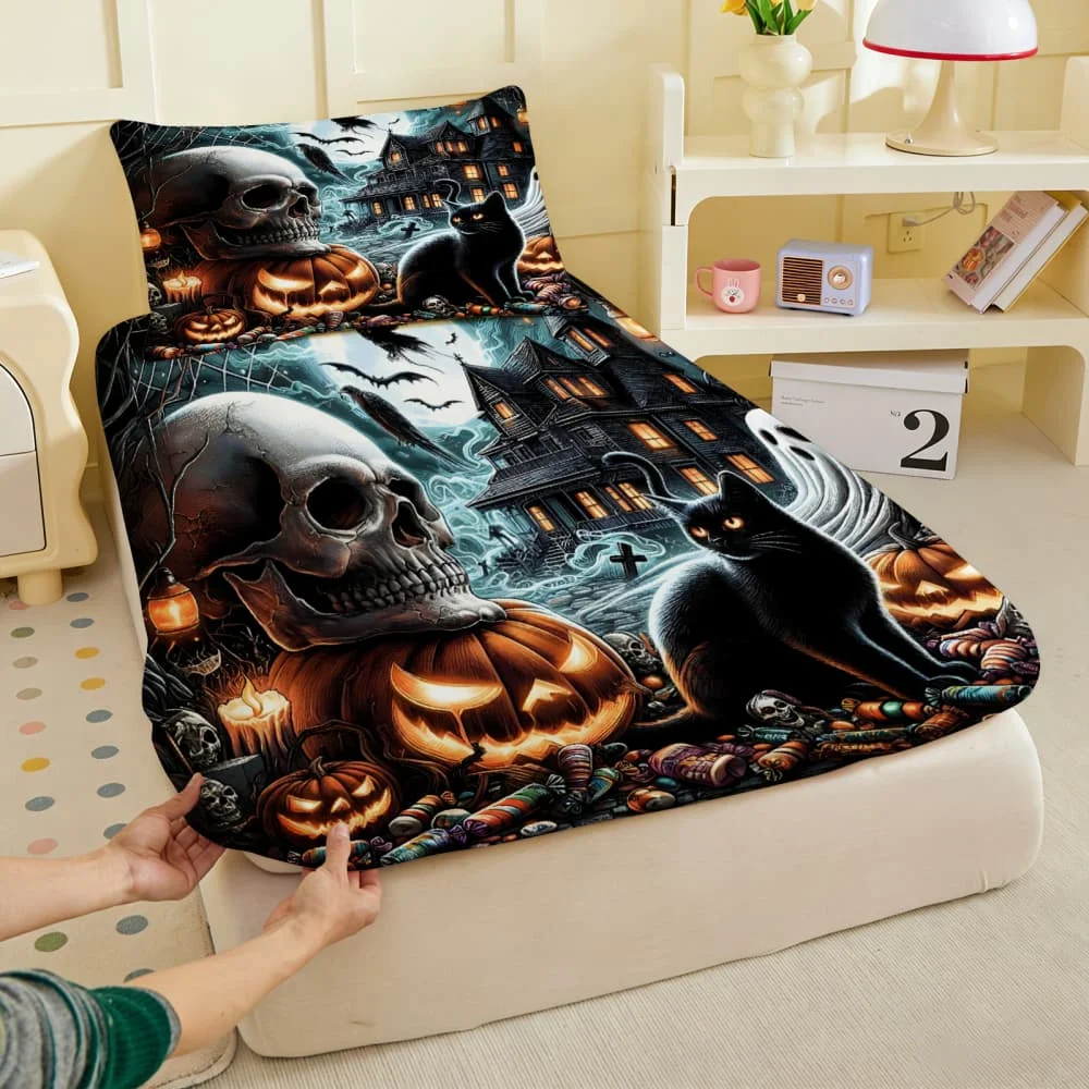 1pc Skull & Pumpkin Haunted Print Fitted Sheet Deep Pocket Elastic Mattress Cover Single Double Queen King Bedroom Decor