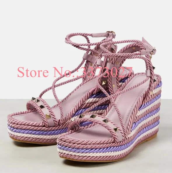 Pink Color Ropes Lady Sandals New Design Mixed Color Rivets Wedge Shoes Woman Fashion Spikes Platform Sandals Dropship