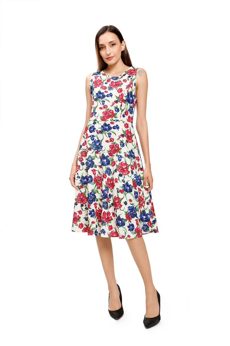 

Floral Printing Vintage Summer Hepburn Style Dress New Women Sleeveless Large Swing Sexy Party Dress Plus Size