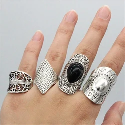 4Pcs/Set Vintage Silvery Golden Hollow Flower Sun Totem Ring Nepalese Tibetan Bohemian Ethnic Black Gem Finger Rings Jewelry