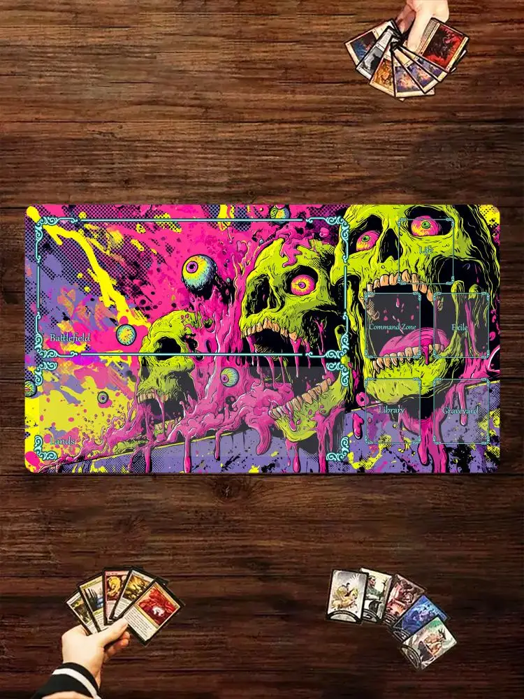 Mata do gry TCG w stylu neonowym z motywem czaszki horror, antypoślizgowa podstawa, 35x60 cm, mata do gier zbiorczych, mata do gier planszowych dla TCG — zdjęcie produktu 7