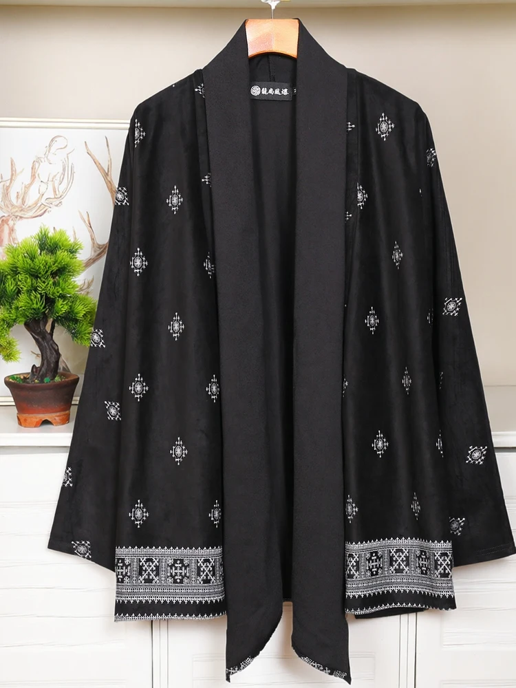 Faionable Printed Men's Open Cardigan Jaet Loose Fit Long Sve Mid-Length Outerwear Casual Sle Polyester Fiber Coat