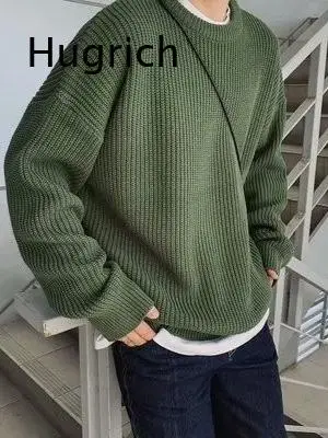 Mens Solid Color Crew Neck Knit Sweater Loose Versatile Base Layer Trendy Casual Top For Autumn Winter Inner Matching And Daily