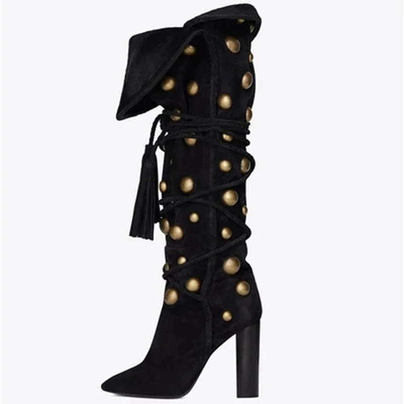 Black cross-strap rivet pointed toe chunky heel knee-high boots woman winter 2025 tassel lace up boots fashion shoes for women