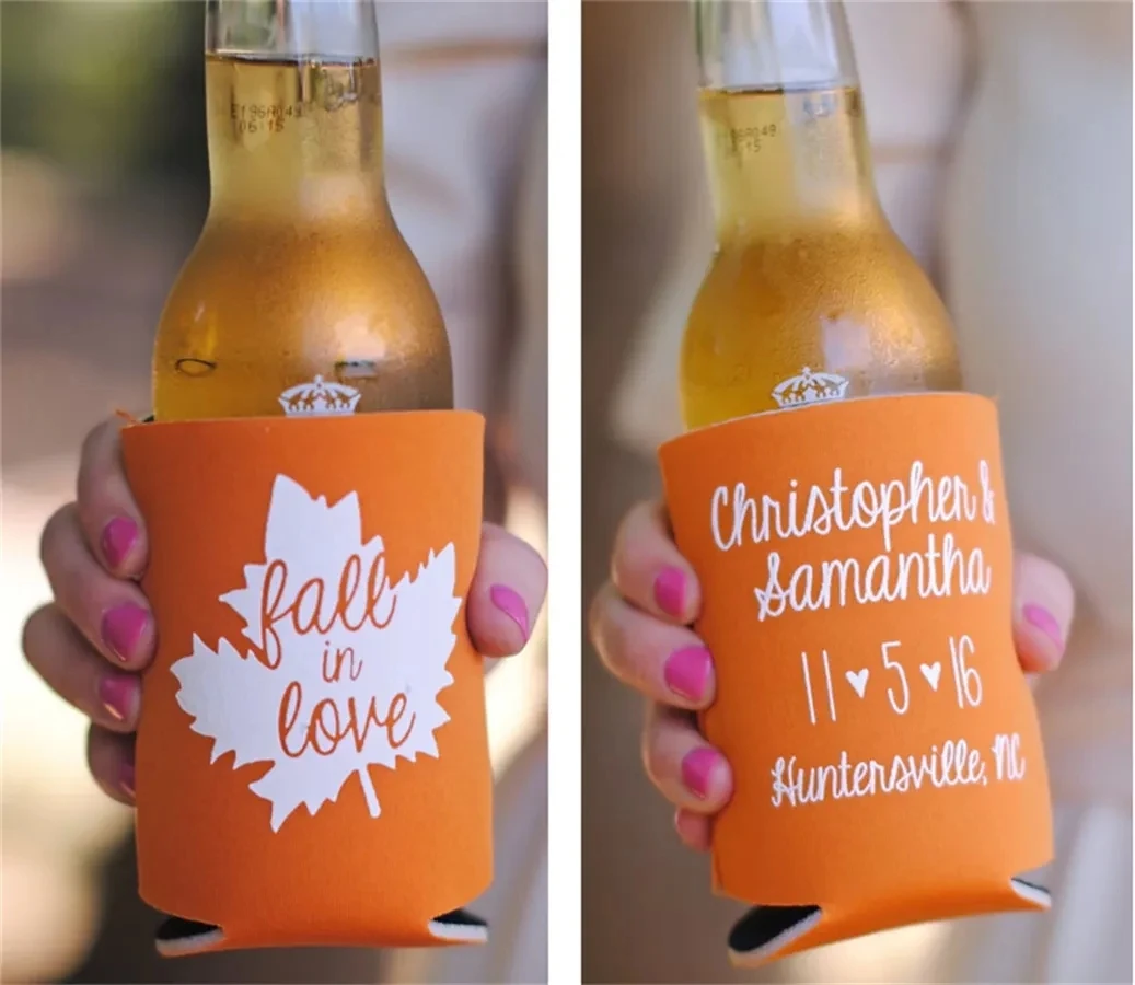 

Fall In Love Rustic Wedding Favors for Guests - Personalized Can Coolers, Destination Wedding Ideas, Fall Mountain Wedding