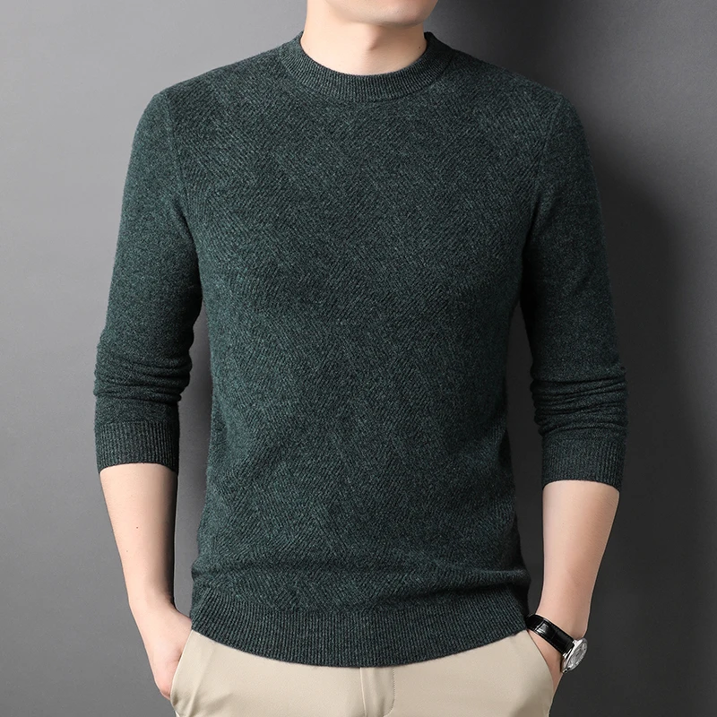 

100% Wool Pullover Men's Sweaters Spring and Autumn Solid Color Round Collar Computer Knitted Male Sweaters 4XL