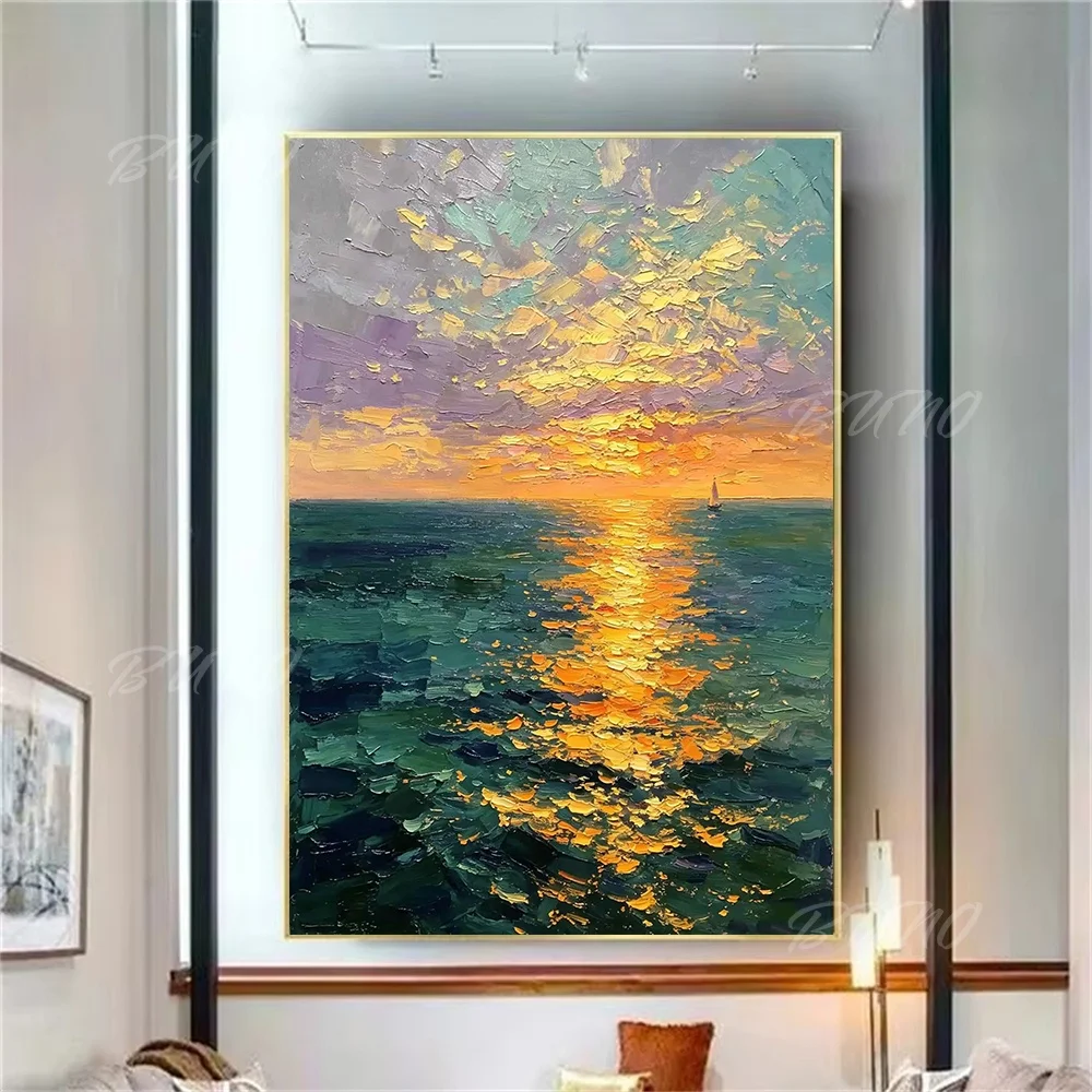 Abstract Oil Painting Hand Painted 100% Palette Knife Sunset Ocean Sailboat Canvas Wall Art for Home Living Room Bedroom