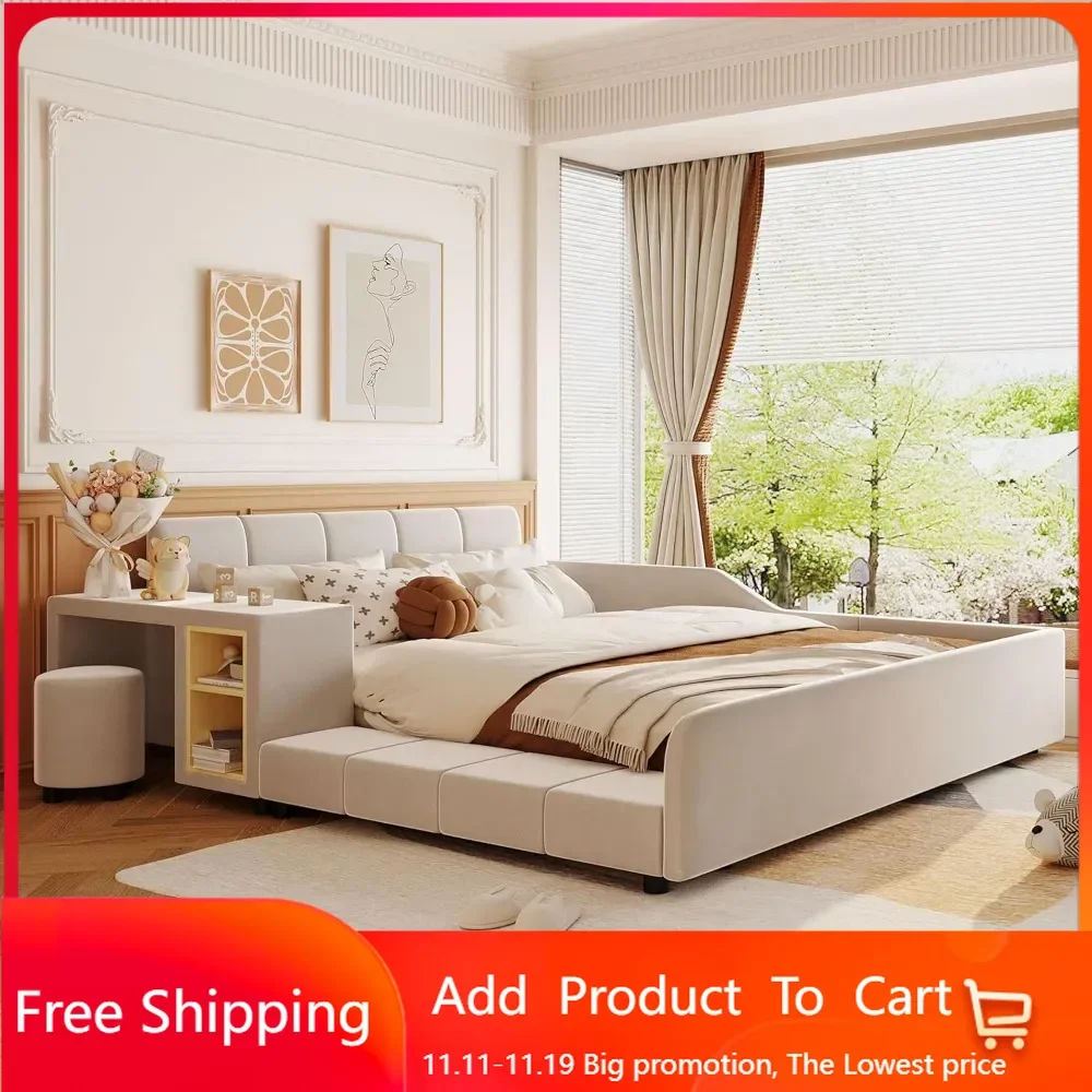 Velvet Upholstered Grounded Bed Platform Bed, Wooden Queen Size Mother & Child Bed Frame with Bedside