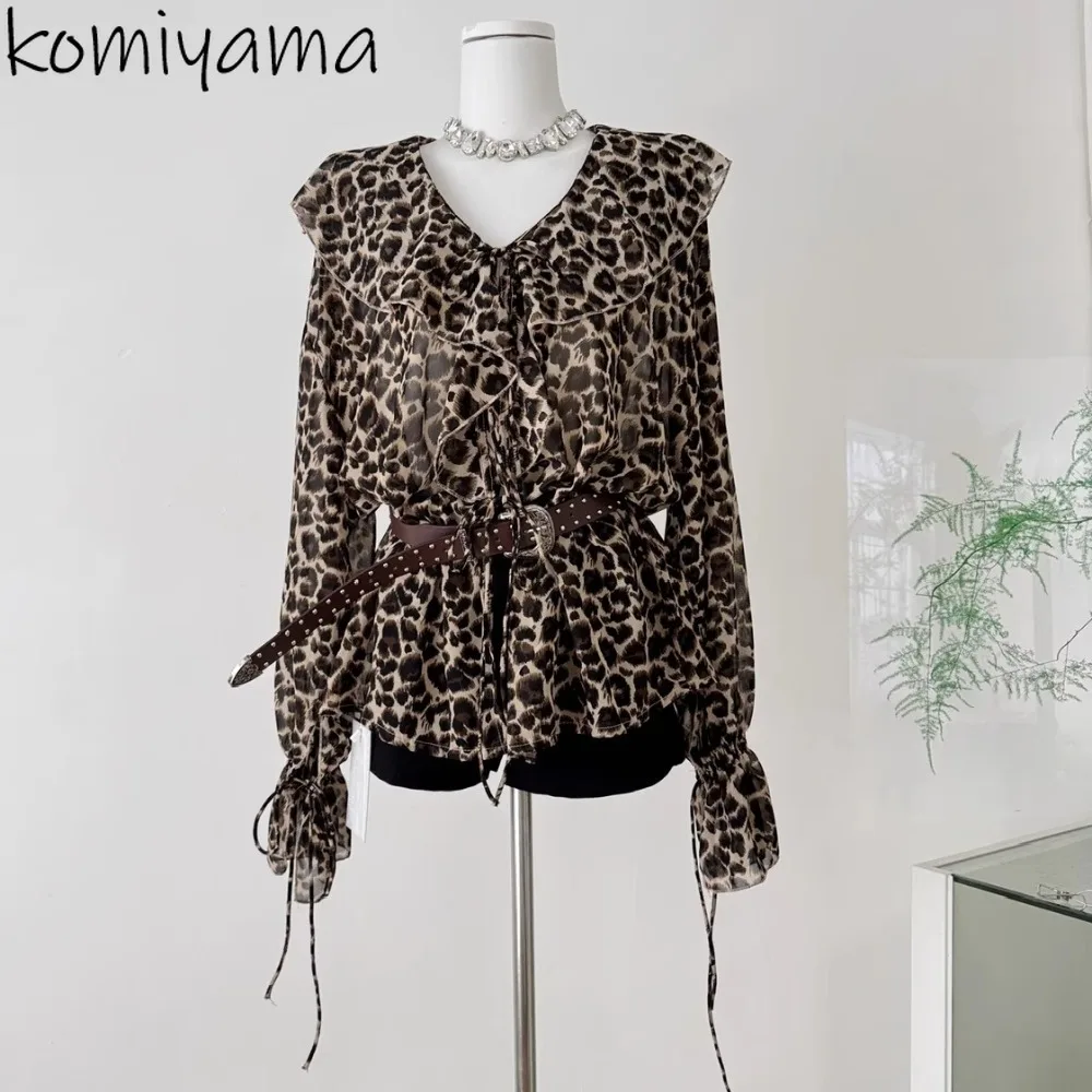 

Ruffles Leopard Print Woman 2025 Shirts & Blouses Autumn New Blusas Lace-up Long Sleeve Ropa De Mujer V-neck Camisas Clothing