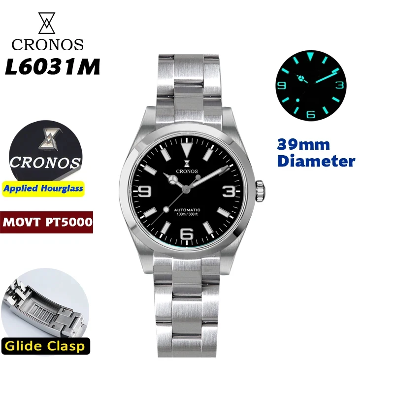 Cronos EX Diver Mechanical Men Watch 39mm Automatic Sapphire Glass Bushed Bracelet PT5000 Movement 10ATM Unisex Automatic L6031