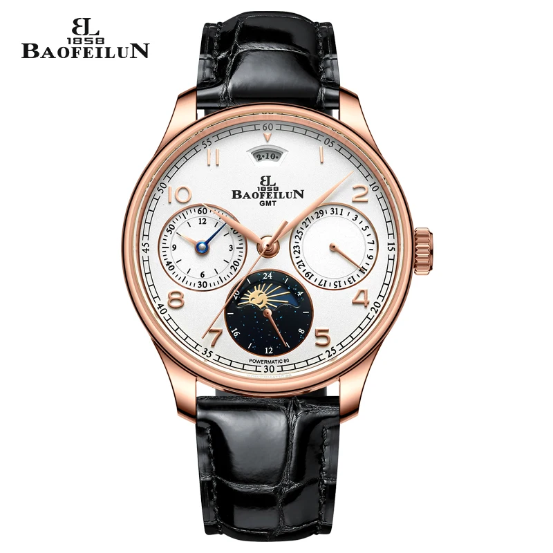 

BAOFEILUN Automatic Mechanical Watch 43MM Moon Phase Calendar Sapphire Glass Leather Strap Men's Business Water Resistant 50M