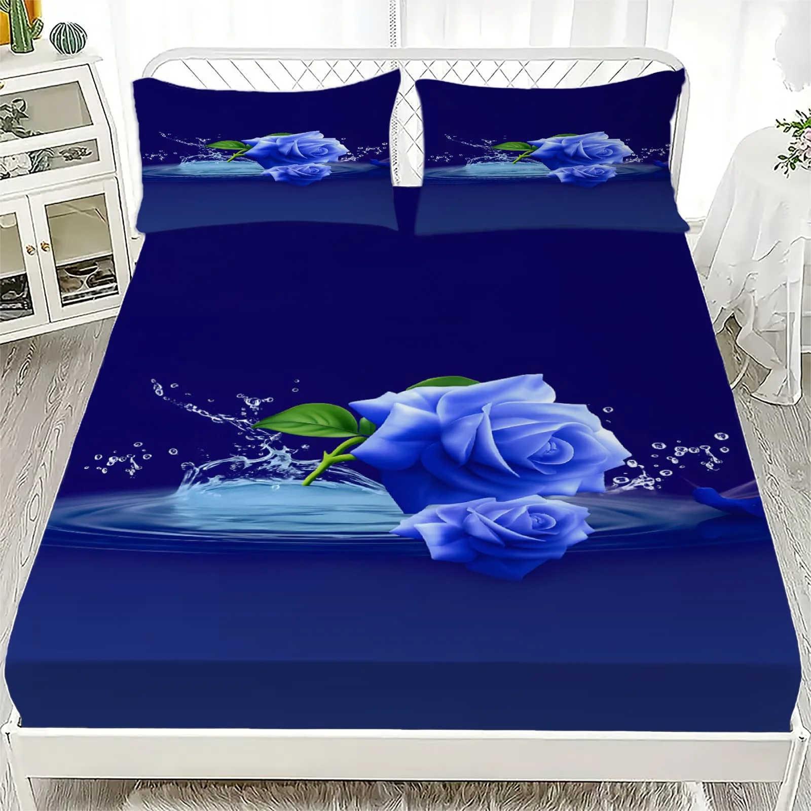 1 Stück Blaue Rose mit Wasserspritzer-Print Spannbettlaken Tiefe Taschen Elastischer Matratzenbezug Einzel Doppel Queen King Schlafzimmer Deko