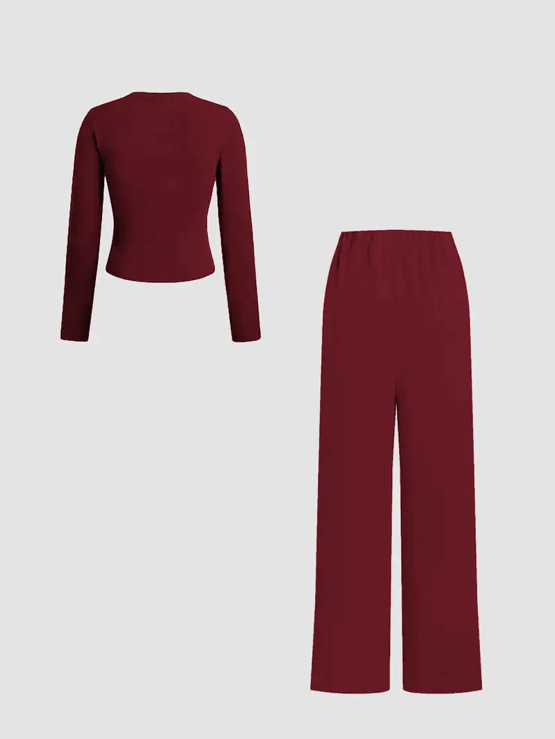 Damen 2-teiliges Outfit, geripptes Crop-Top mit Knöpfen und langen Ärmeln & Hose mit elastischem Bund und weitem Bein, lässiger, einfarbiger Loungewear-Trainingsanzug – Detail 6