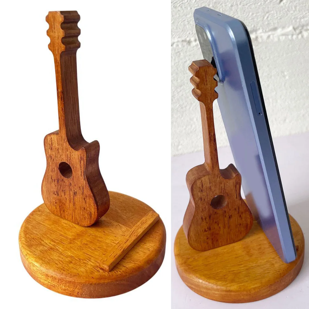 Support de téléphone en bois en forme de guitare compact et portable offrant un support stable pour les appels vidéo, regarder des films et un usage quotidien