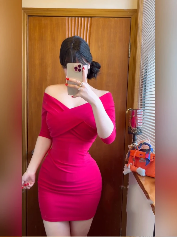 

Slim Fit Shoulder Bared Dress Women's plus Size Pure Desire Style Ultra White Enhancing Short Skirt Wrap around Waist Highlig...