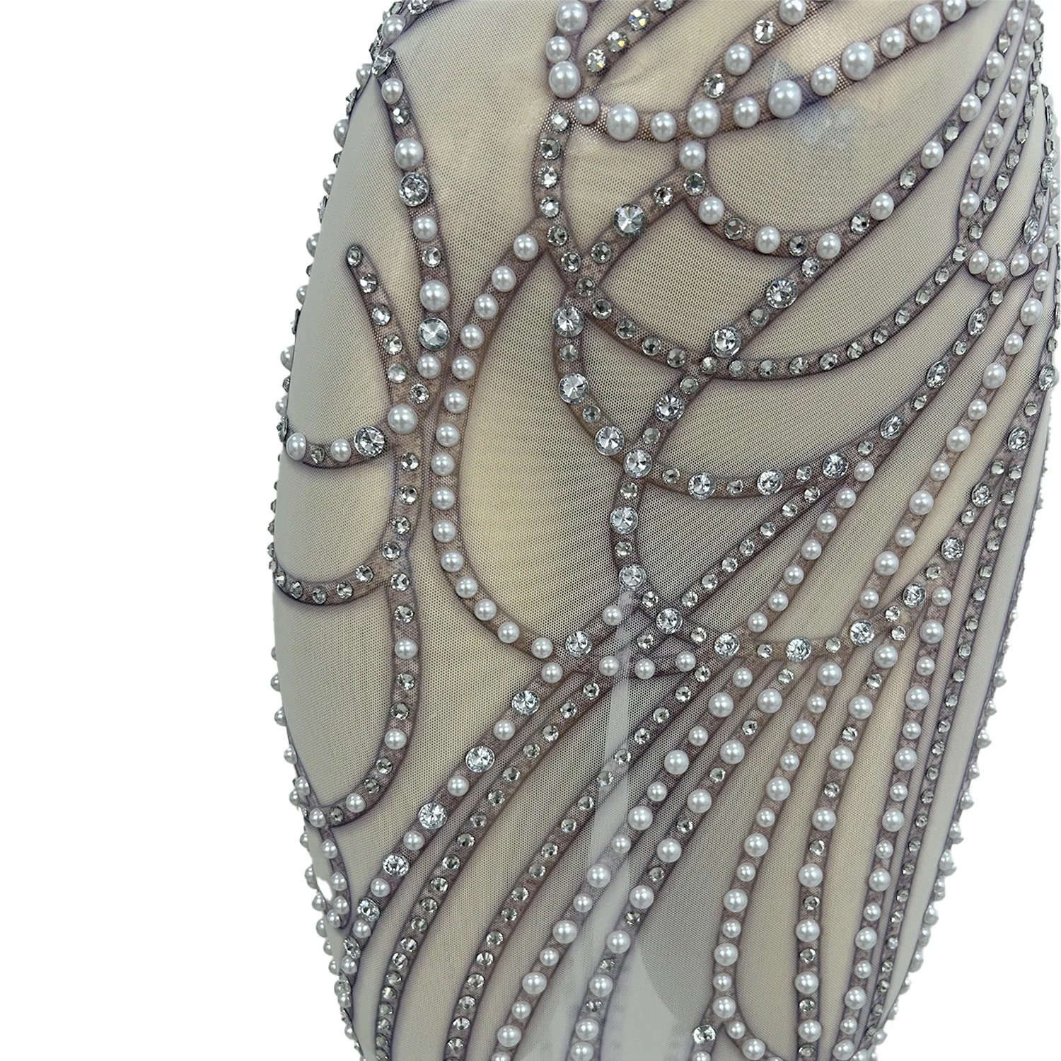 Luksusowa sukienka z długiej, przezroczystej siateczki, zdobiona cyrkoniami i perłami, dla kobiet, couture, seksowna, na studniówkę, urodziny, wieczór, sesję zdjęciową, styl Moli.