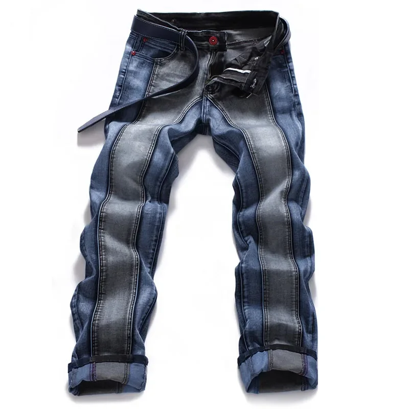 2026 New Men Slim Fit Straight Leg Jeans Elastic Splicing Color Washed Distressed Denim Pants