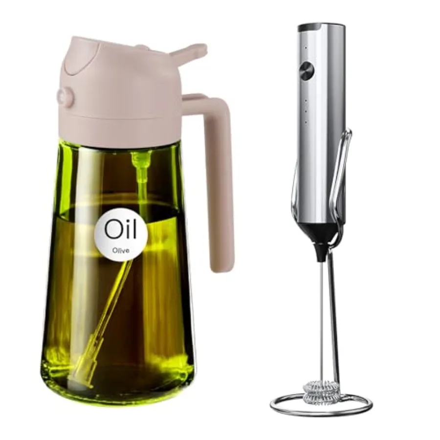 Rociador de Aceite de Oliva de Vidrio de 16oz/470ml en Color Rosa Raíz de Loto con Espumador de Leche Recargable para Uso en la Cocina, Cuerpo de Vidrio Duradero y Elegante